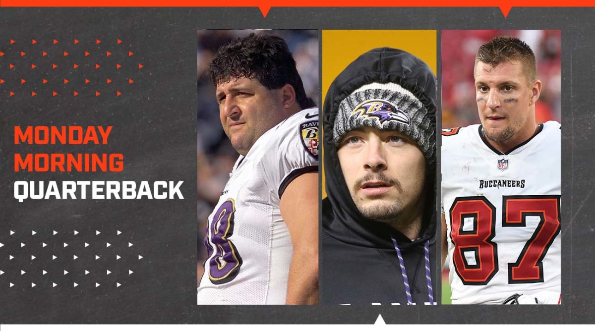 Tony Siragusa on sideline as a Baltimore Raven; Baltimore Ravens running back Danny Woodhead (39) looks on during pre-game before playing the Pittsburgh Steelers at Heinz Field.; Tampa Bay Buccaneers tight end Rob Gronkowski (87) walks off the field after the game against the Atlanta Falcons at Raymond James Stadium.